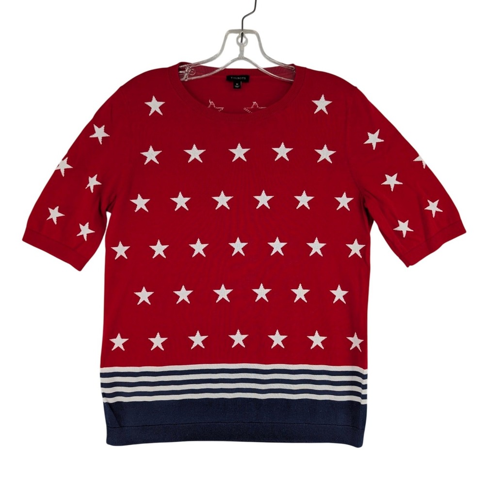 Talbots Star Print Sweater M Red Short Sleeve Patriotic Americana Knit Top